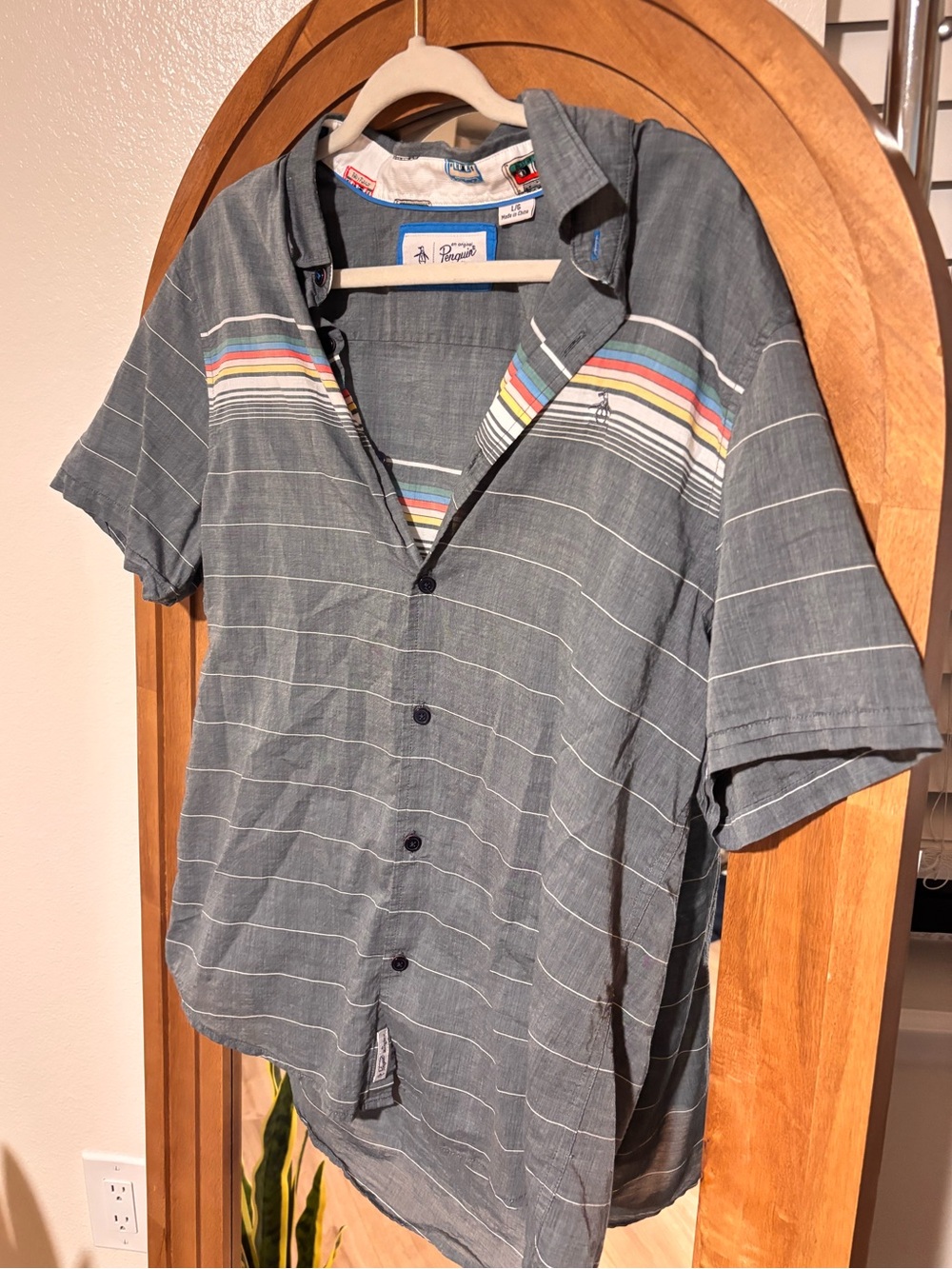 Original Penguin Grey Short-Sleeve Button-Down with Rainbow Chest Stripe